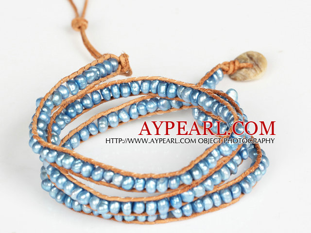 3-4mm Blue Pearl Beads Three Times Wrap Bangle Bracelet with Shell Clasp