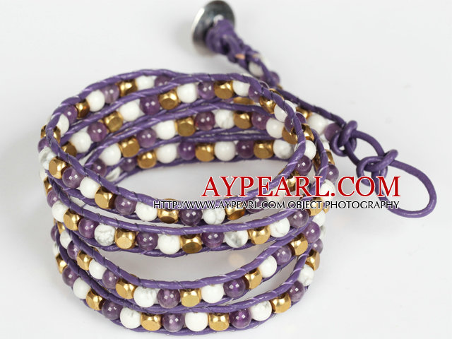 Amethyst and White Porcelain Stone and Copper Beads Wrap Bangle Bracelet