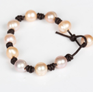10-11mm Pink Freshwater Pearl Leather Bracelet with Pearl Closure