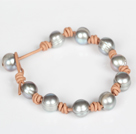 10-11mm gris perle d'eau douce Bracelet en cuir avec fermeture perle