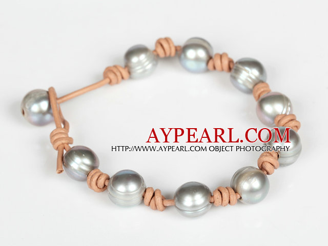 10-11mm gris perle d'eau douce Bracelet en cuir avec fermeture perle