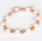 10-11mm White Freshwater Pearl Leather Bracelet with Pearl Closure