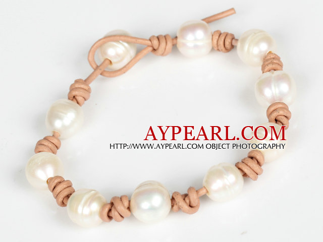 10-11mm Vit Sötvatten Pearl Läderarmband med Pearl Stängning