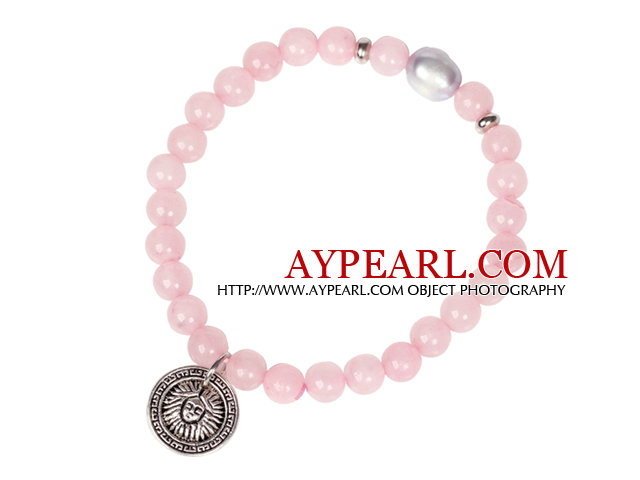 Cute Bracelet Rose Quartz and Pearl Stretch Bracelet with Tibetian Silver Coin Accessory