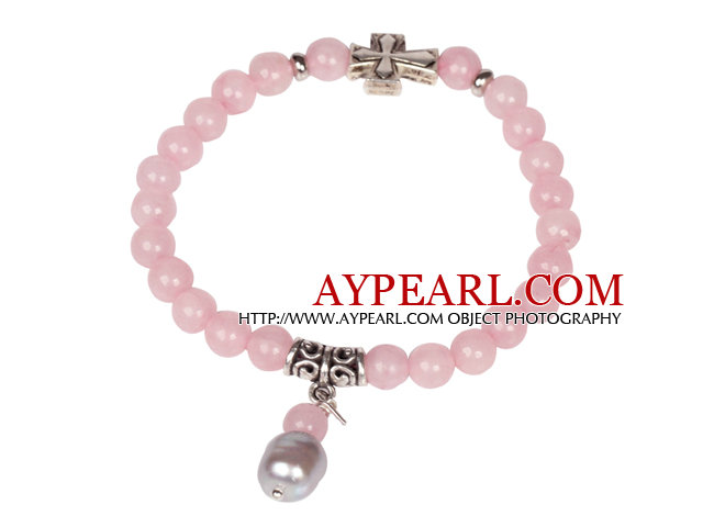 Cute Bracelet Rose Quartz Stretch Bracelet with Tibetian Silver Cross Accessory and Pearl Pendant