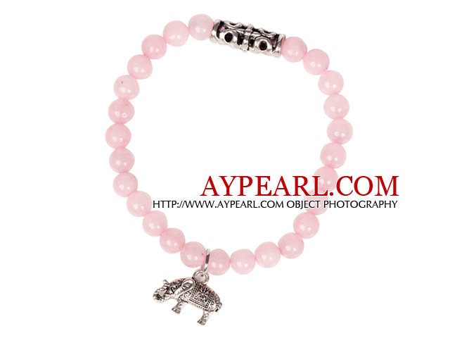Cute Bracelet Rose Quartz Stretch Bracelet with Tibetian Silver Elephant Accessory