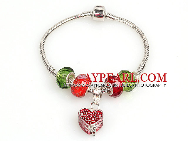 Fashion Style Red and Green Colored Glaze Charm Bracelet with Heart Shape Wish Box Pendant