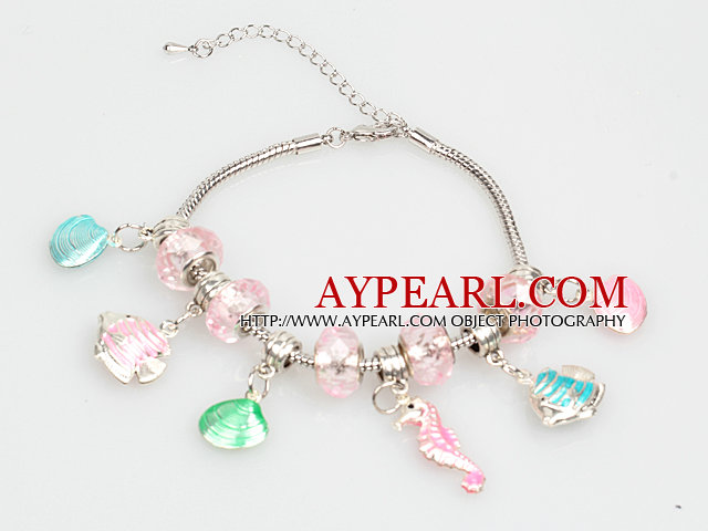 Fashion Style Pink Colored Glaze Charm Bracelet with Shell and Fish Pendant
