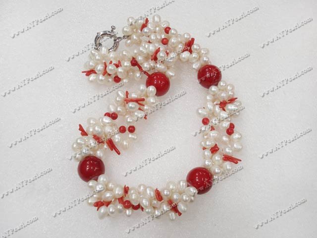 Coral blood stone pearl necklace