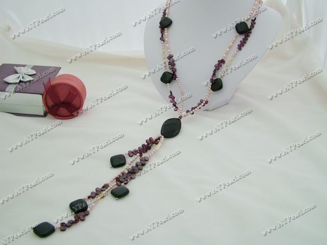 pearl garnet black agate crystal necklace