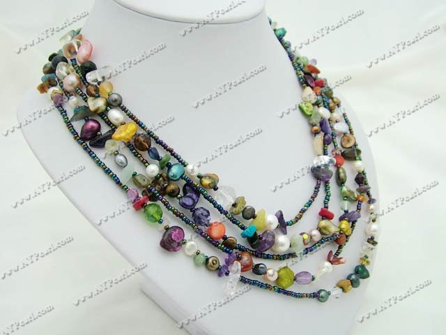 Semi-precious Jewelry Wholesale-mixed color pearl multi-stone necklace