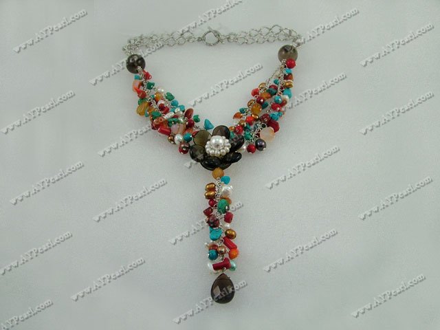 pearl agate coral crystal necklace