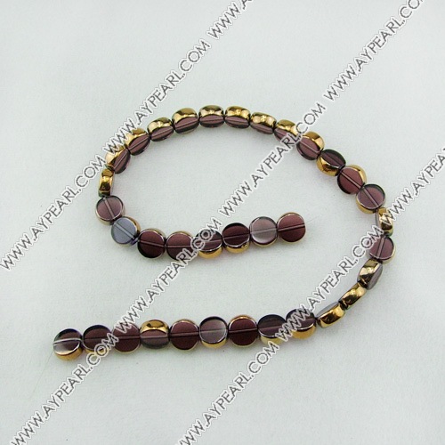 Glass Beads strand, light purple, golden plated, 8mm flat round. Sold per 13.8-inch strand.