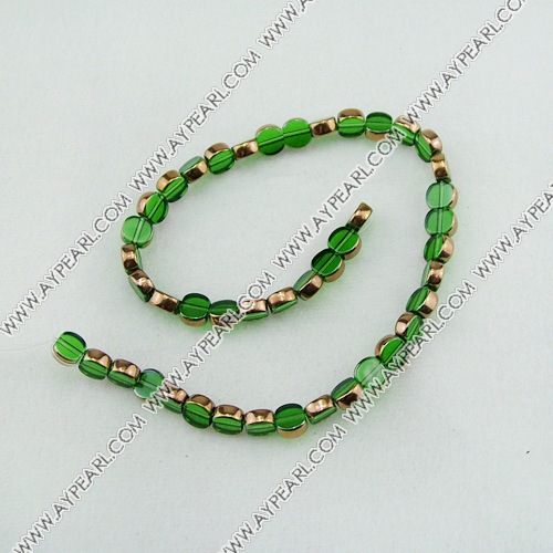 Glass Beads strand, green, golden plated, 8mm flat round. Sold per 13.8-inch strand.