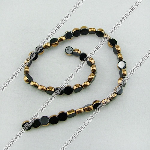 Glass Beads strand, black, golden plated, 8mm flat round. Sold per 13.8-inch strand.