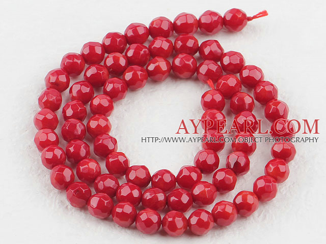 Coral Beads, Red, 6mm round faceted, Sold per 15.7-inch strand