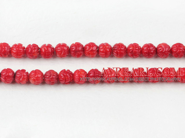 coral beads,8mm,carved with lotus,red,Sold per 15.75-inch strands