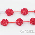 coral beads,3*8mm,carved with small flower,double-faced,red,Sold per 15.75-inch strands