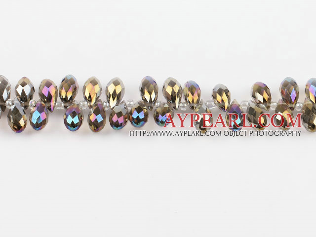 Manmade Crystal Beads, Dark Gray, 6*12mm plating-color, partial hole, drop shape, 16.1-inch strand