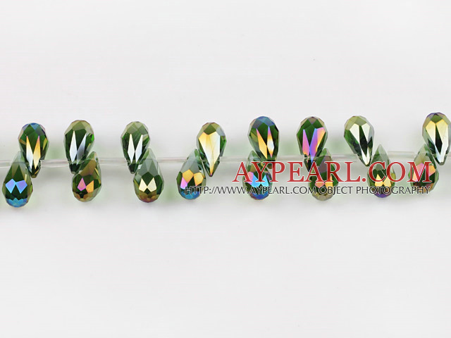 Manmade Crystal Beads, Olive Green, 7*14mm plating color, drop shape,Sold per 16.14-inch strands