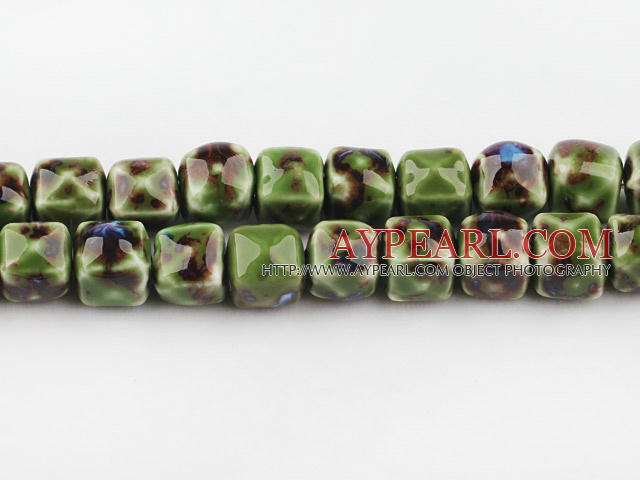 Porcelain beads,14*14mm cube,green,sold per 14.96-inch strand