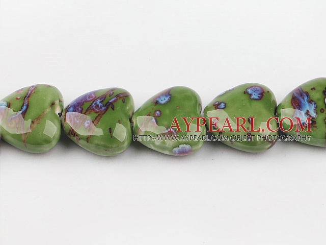 Porcelain Beads, Green, 12*25*25mm heart shape, Sold per 15-inch strand