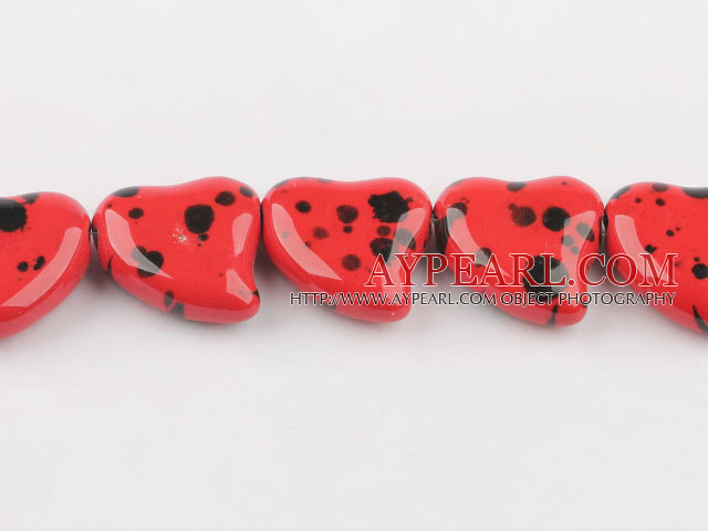 Porcelain Beads, Red, 10*25mm black spots, heart shape, Sold per 13.78-inch strand