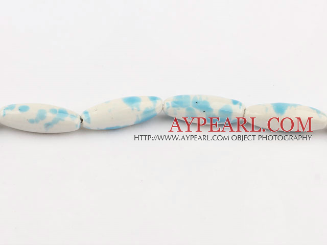 Porcelain Beads, Blue, 10*30mm coloured pattern, rice shape, Sold per 14.17-inch strand