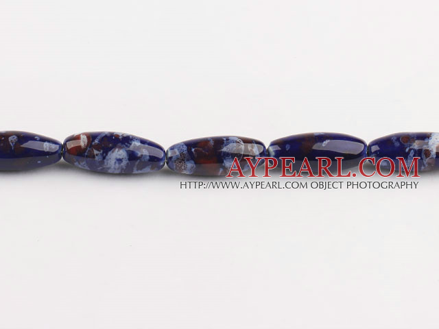 Porcelain Beads, Purple, 12*31mm coloured pattern, rice shape, Sold per 15-inch strand