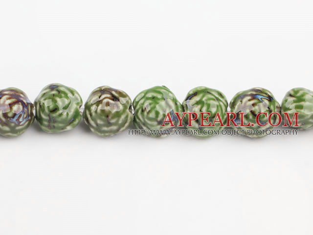 Porcelain Beads, Green, 18*20mm carved biparamid, Sold per 15-inch strand