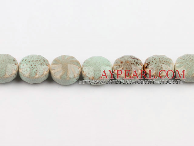 Porcelain Beads, Green, 15*22mm colored pattern, flat round, hot wheel shape, Sold per 14.17-inch strand