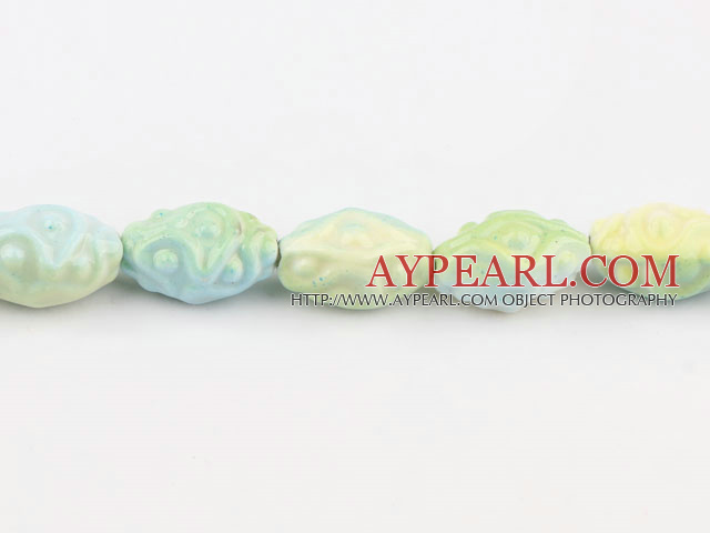 Porcelain Beads, Yellowish Green, 17*30mm waved rice shape, Sold per 10.63-inch strand