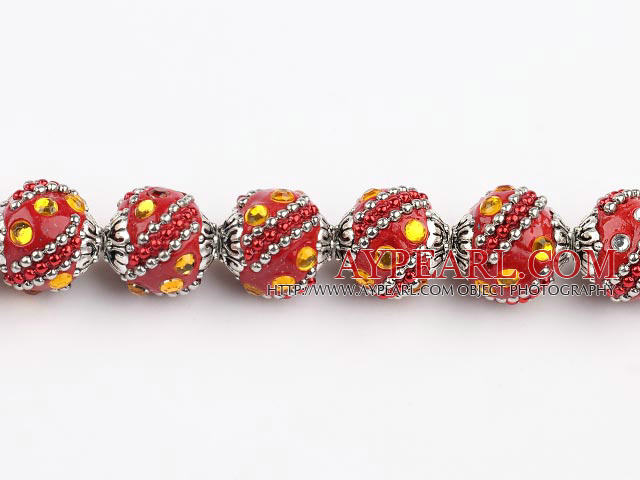 bali beads,18mm, red with Rhinestone ,Sold per 14.57-inch strands