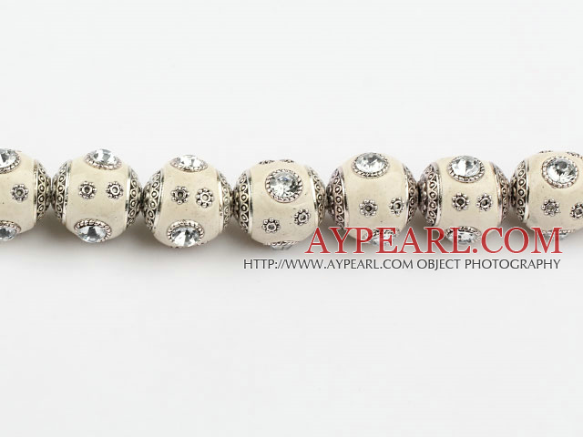 bali beads,18mm,white with Rhinestone ,Sold per 14.17-inch strands