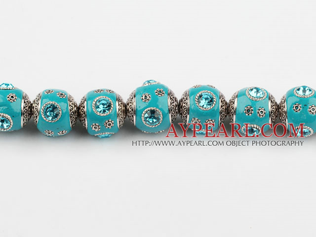 bali beads,18mm,cyan with Rhinestone ,Sold per 14.17-inch strands
