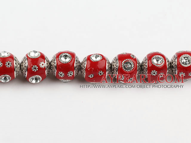 bali beads,18mm,red with Rhinestone ,Sold per 14.17-inch strands