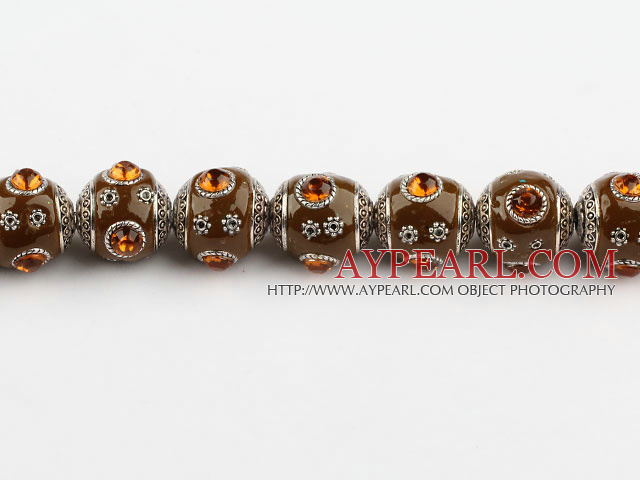 bali beads,18mm,brown with Rhinestone ,Sold per 14.17-inch strands