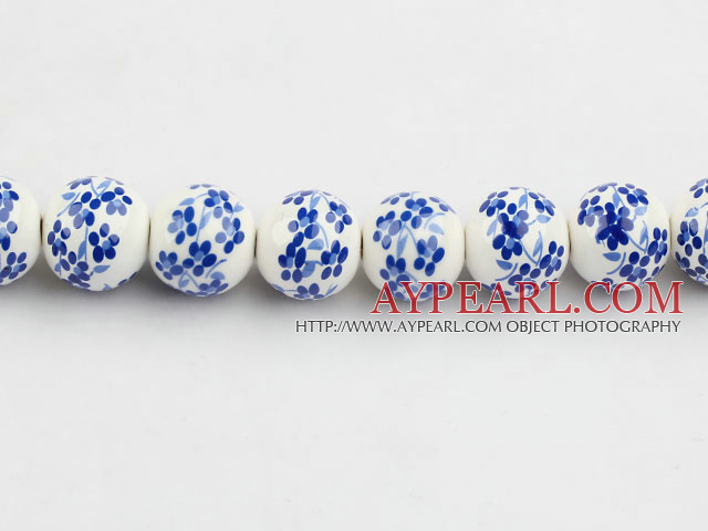 Porcelain Bead, White and Blue, 16mm stamped flower, Sold per 15-inch strand