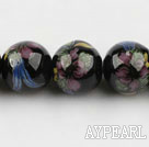 Porcelain Bead, Black, 16mm stamped flower, Sold per 15-inch strand