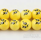 Porcelain Bead, Yellow, 14mm anger expression, Sold per 15-inch strand