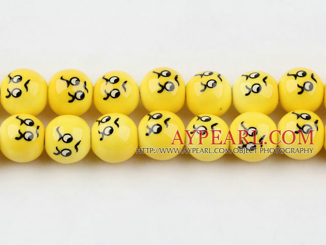 Porcelain Bead, Yellow, 14mm anger expression, Sold per 15-inch strand