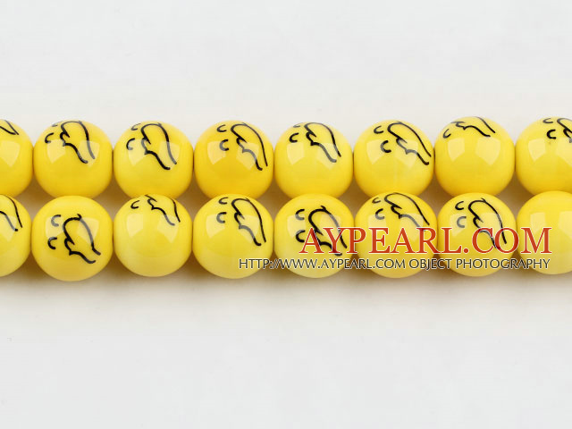 Porcelain Bead, Yellow, 14mm curl lip expression, Sold per 15-inch strand