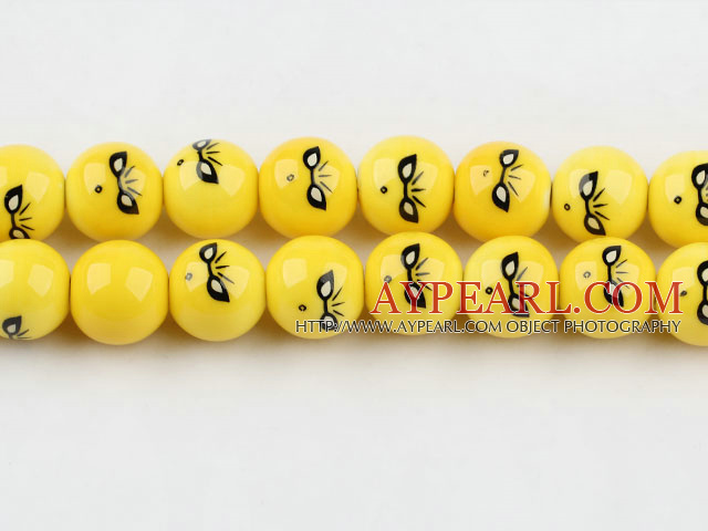 Porcelain Bead, Yellow, 14mm smiling face expression, Sold per 15-inch strand