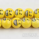 Porcelain Bead, Yellow, 14mm laughter expression, Sold per 15-inch strand