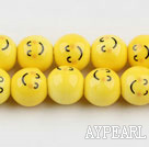 Porcelain Bead, Yellow, 14mm shyness expression, Sold per 15-inch strand