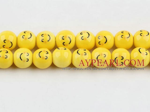 Porcelain Bead, Yellow, 14mm shyness expression, Sold per 15-inch strand