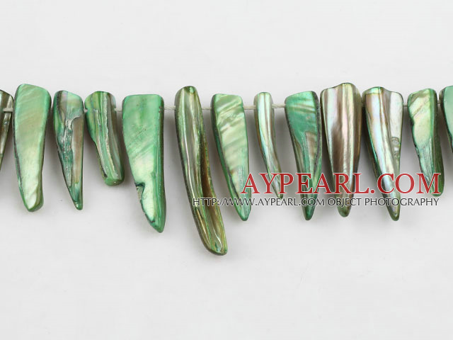 Shell Beads, Olive Green, 5*8*35mm dyed long tooth, Sold per 15-inch strand