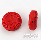 Cinnabar Beads,18mm flat round with carved Eight Diagrams,Red,Sold by each.