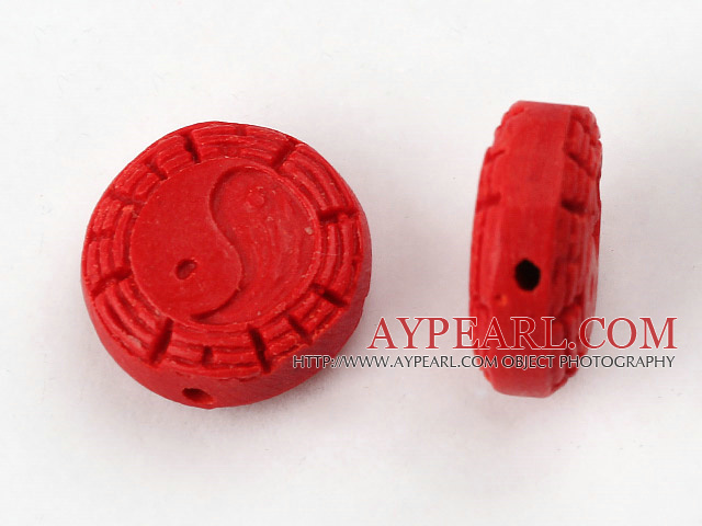Cinnabar Beads,18mm flat round with carved Eight Diagrams,Red,Sold by each.