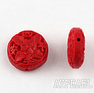 Cinnabar Beads,18mm flat round with carved flower,Red,Sold by each.